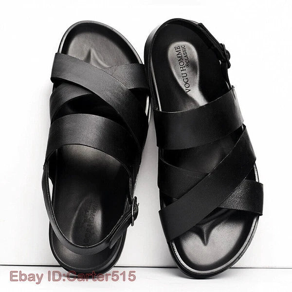 Open Toe Sandals Slingbacks Buckle Real Leather Men's Beach Shoes Roman Style 43