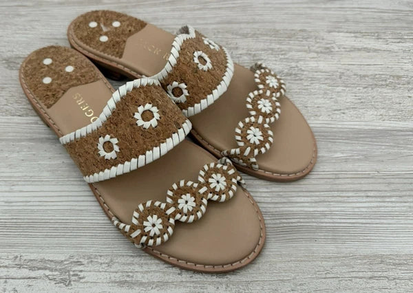 Jack Rogers Caroline Sandal Natural Tan Cork White Stitched Flat Slide  Size 9 M