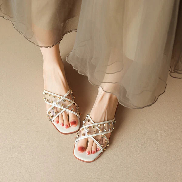 Womens Fashion Transparent Studs Crossover Beach Slipper Sandal Shoes Mules b95
