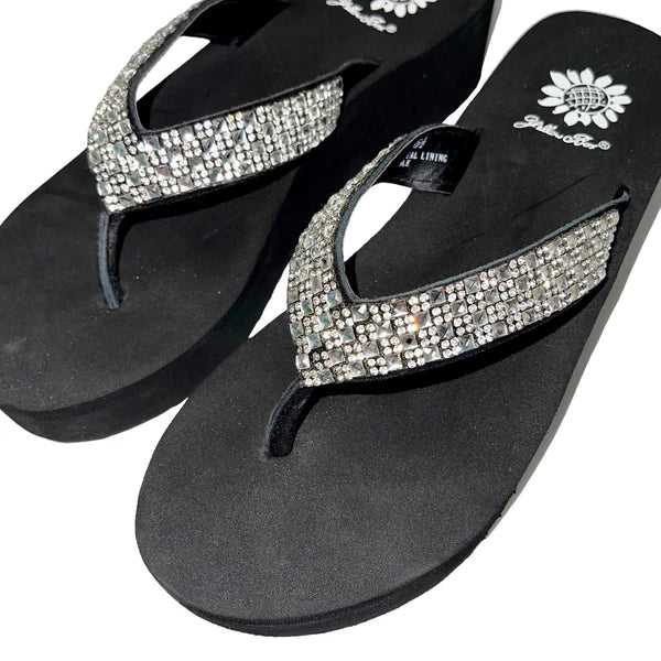 Yellow Box Flip Flops Womens 6.5 Black Clear Rhinestone Wedge Sandals Scalia