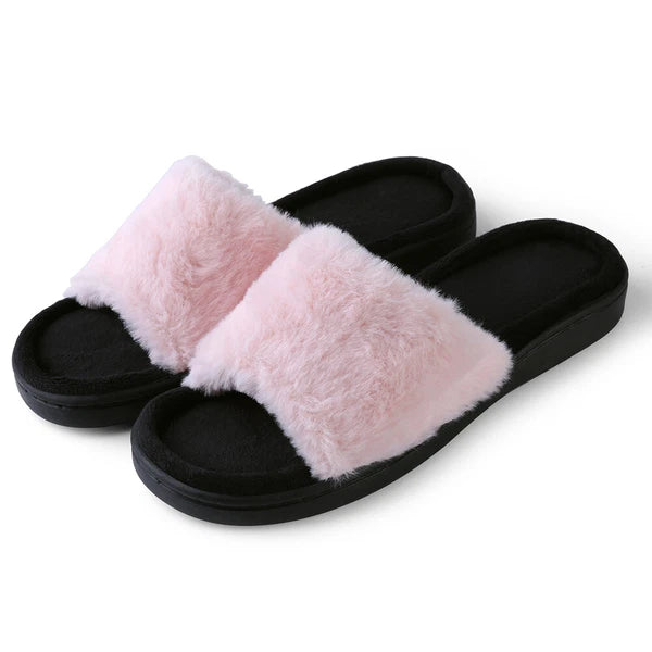 Aerusi Women Fashion Cozy Open Toe Slip-On Slippers Flat Indoor Bedroom Shoes