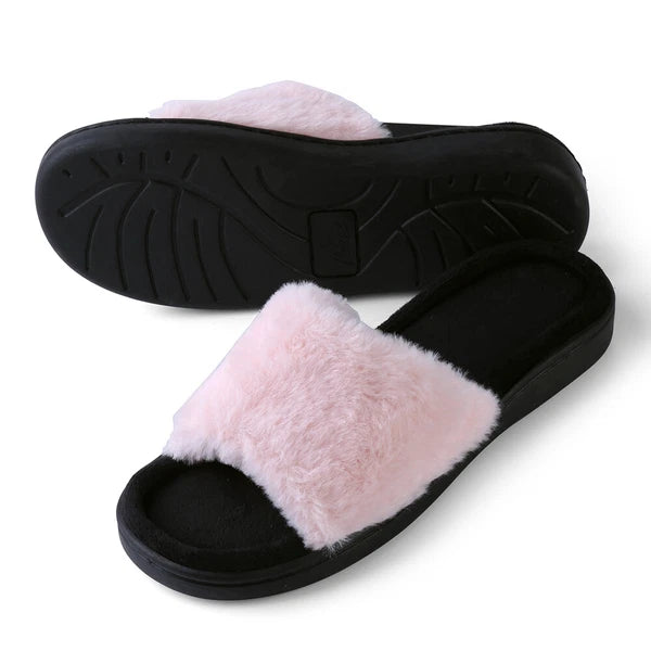 Aerusi Women Fashion Cozy Open Toe Slip-On Slippers Flat Indoor Bedroom Shoes