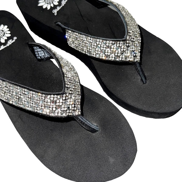 Yellow Box Flip Flops Womens 6.5 Black Clear Rhinestone Wedge Sandals Scalia