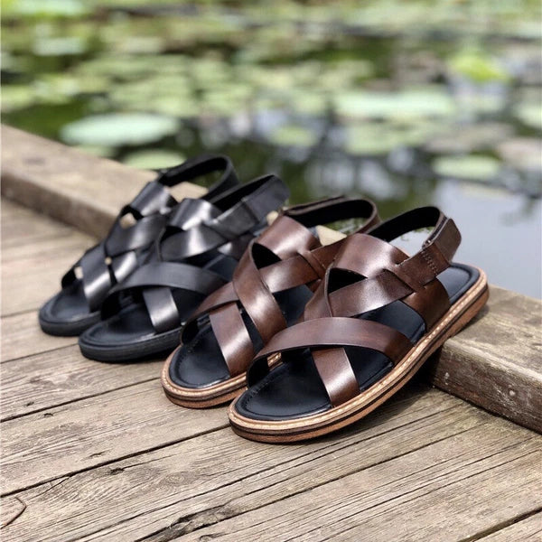 Open Toe Sandal Casual Real Leather Mens Beach Shoes Flats Roman Style Summer 44
