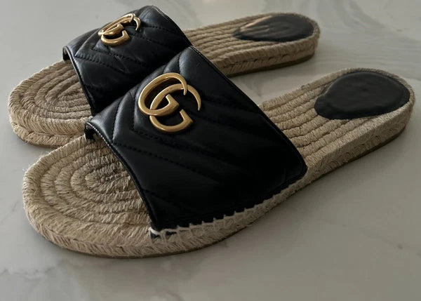 🖤 GUCCI Black Nappa Matelasse Gold GG Marmont Espadrille Slide Sandals 10 US 41