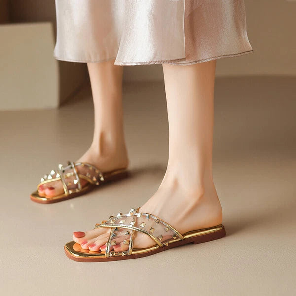 Womens Fashion Transparent Studs Crossover Beach Slipper Sandal Shoes Mules b95