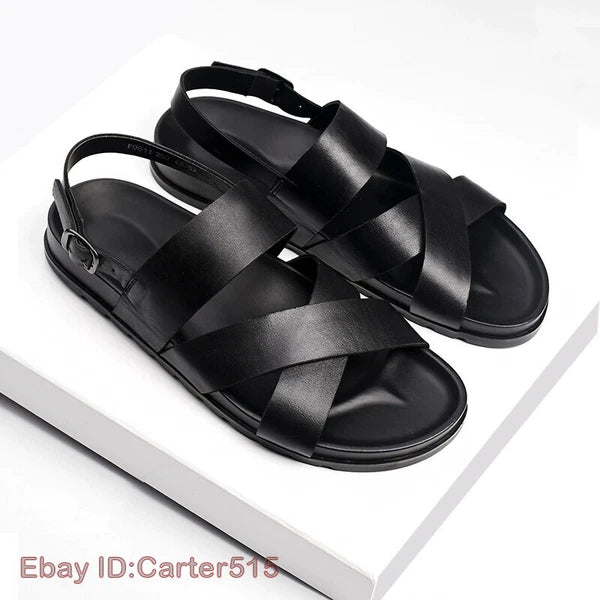 Open Toe Sandals Slingbacks Buckle Real Leather Men's Beach Shoes Roman Style 43