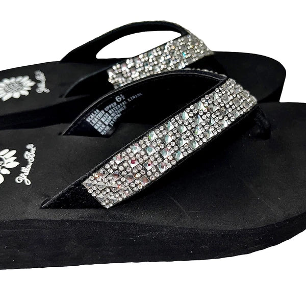 Yellow Box Flip Flops Womens 6.5 Black Clear Rhinestone Wedge Sandals Scalia