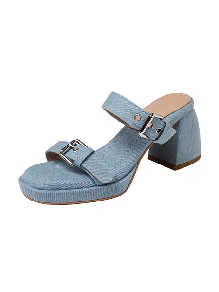 Women's Fashion Denim Buckle Straps Open Toe Block Heel Sandal Shoes Mules SUNS