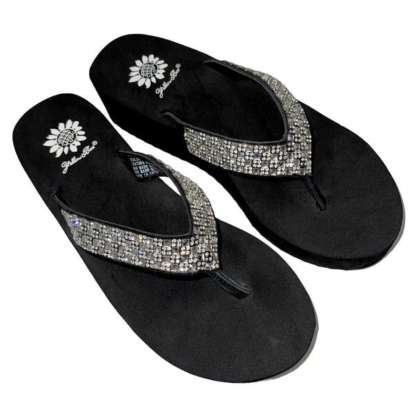 Yellow Box Flip Flops Womens 6.5 Black Clear Rhinestone Wedge Sandals Scalia