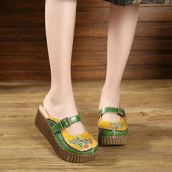 Wedge Slides Shoes Women Buckle Flower Cut Out Summer Leather Platform Slippers