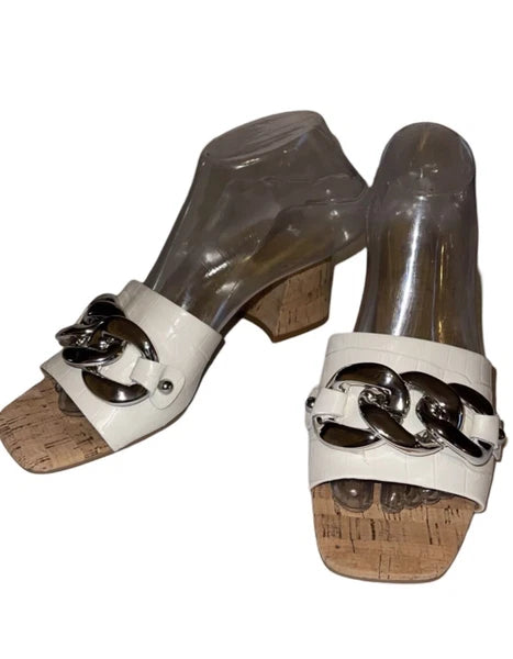 MARC FISHER LTD Naniya White Block Heels Chain Buckle Slides Women’s Size US 8M