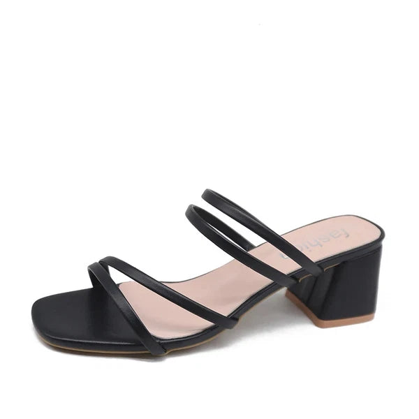 Women Sandal Square Heel Elegant Summer Slipper Outside CrossTied Leather Slides