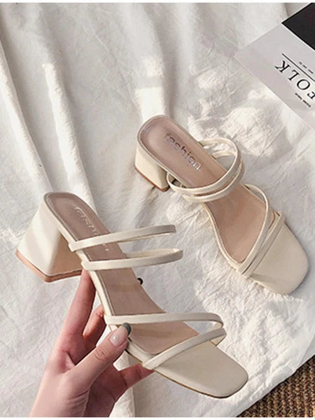 Women Sandal Square Heel Elegant Summer Slipper Outside CrossTied Leather Slides
