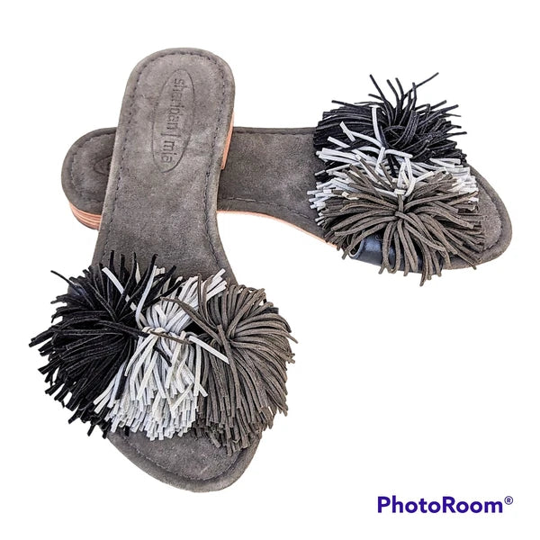NEW SHERIDAN MIA SUMMER Gray Suede Tassel Fringe POM POM Slide Sandals Wms Sz 37