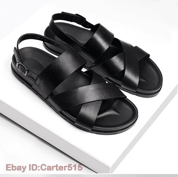 Open Toe Sandals Slingbacks Buckle Real Leather Men's Beach Shoes Roman Style 43