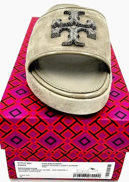 TORY BURCH ELEANOR HEELED SLIDE CRYSTAL LOGO GRAY HERON SUEDE SZ US 8 NIB