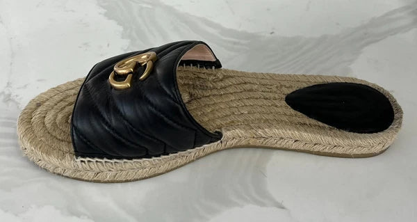 🖤 GUCCI Black Nappa Matelasse Gold GG Marmont Espadrille Slide Sandals 10 US 41