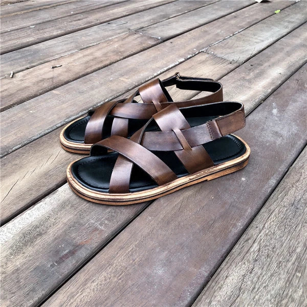 Open Toe Sandal Casual Real Leather Mens Beach Shoes Flats Roman Style Summer 44