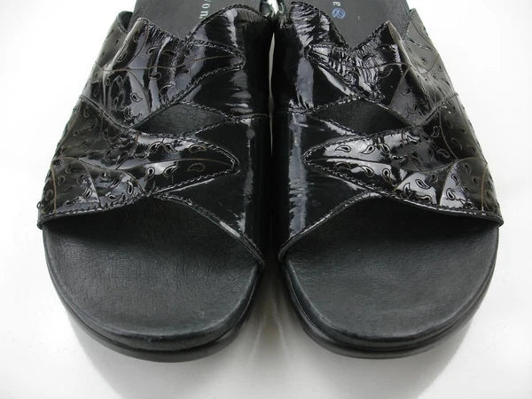 Women's 10 B M Aravon Petra Black Patent Leather Sandals Open Toe Slide Slip-On