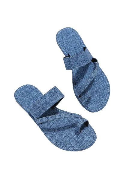 Women's Denim Jean Sandals Cute Dressy Toe Ring Strappy Slip on Slide Flats S...