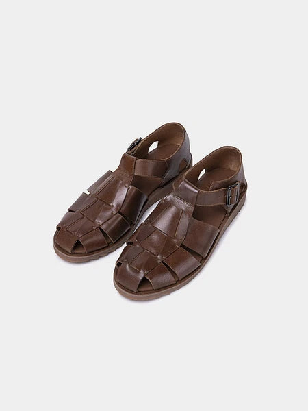 Retro Roman Style Closed Toe Sandals Buckle Real Leather Knit Mens Shoes Summer