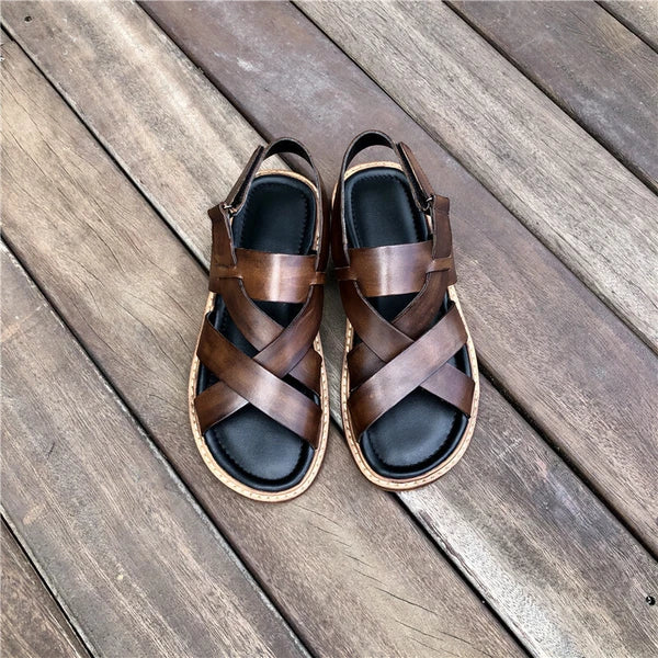 Open Toe Sandal Casual Real Leather Mens Beach Shoes Flats Roman Style Summer 44