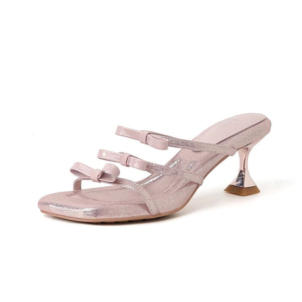 Womens 2023 Fashion Leather Open Toe Bowtie Mid Heel Slide Sandal Shoes Mule SUN