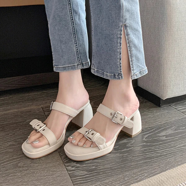 Women's Fashion Denim Buckle Straps Open Toe Block Heel Sandal Shoes Mules SUNS