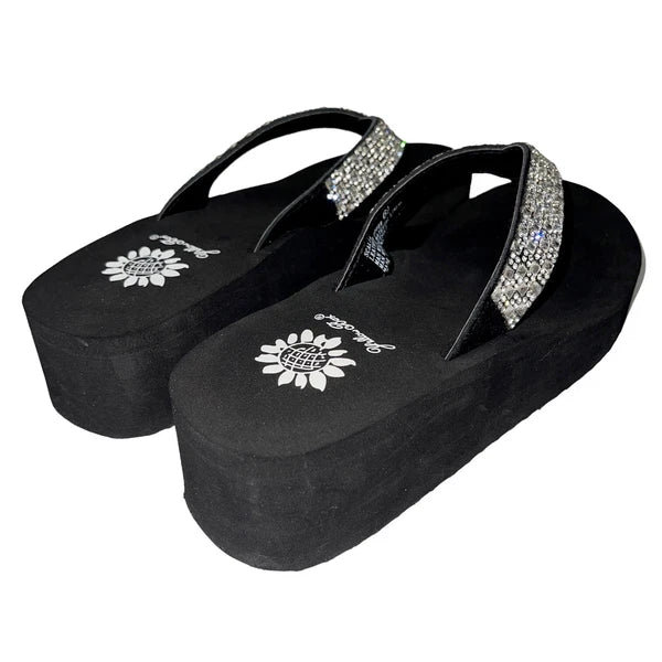 Yellow Box Flip Flops Womens 6.5 Black Clear Rhinestone Wedge Sandals Scalia