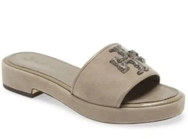 TORY BURCH ELEANOR HEELED SLIDE CRYSTAL LOGO GRAY HERON SUEDE SZ US 8 NIB