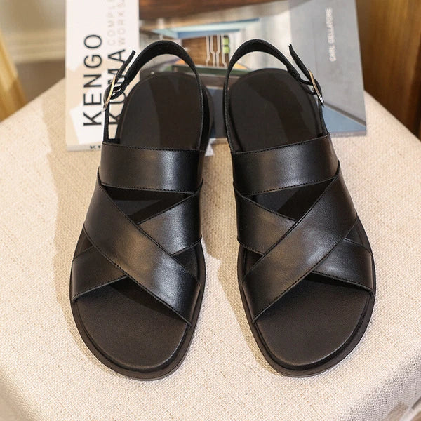 Mens Slingback Sandals Open Toe Real Leather Cowhide Strap Flats Summer Shoes sz