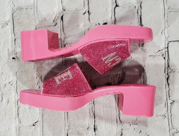 True Religion Bling Silver Pink Stoned Sandals Block Heels WOMENS SIZE 11