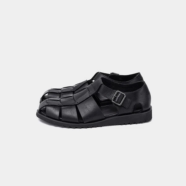 Retro Roman Style Closed Toe Sandals Buckle Real Leather Knit Mens Shoes Summer