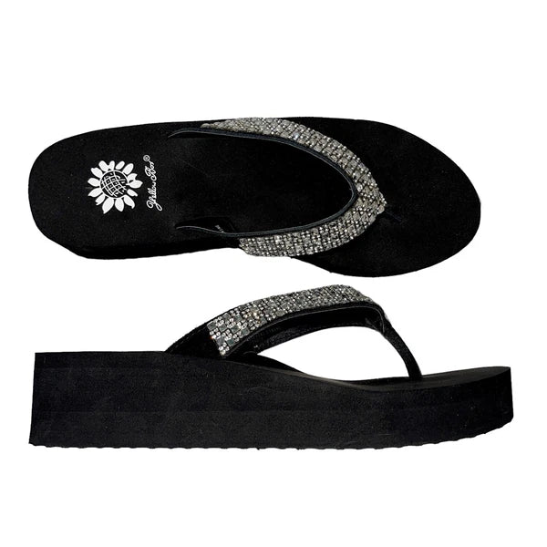 Yellow Box Flip Flops Womens 6.5 Black Clear Rhinestone Wedge Sandals Scalia