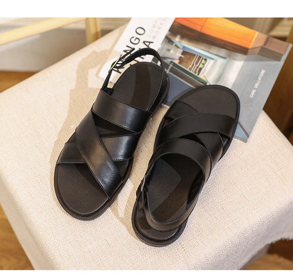 Mens Slingback Sandals Open Toe Real Leather Cowhide Strap Flats Summer Shoes sz