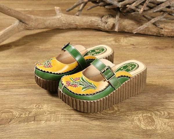 Wedge Slides Shoes Women Buckle Flower Cut Out Summer Leather Platform Slippers