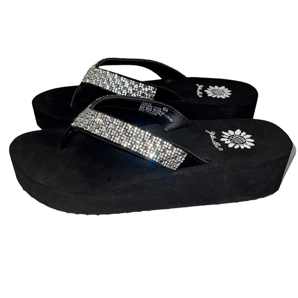 Yellow Box Flip Flops Womens 6.5 Black Clear Rhinestone Wedge Sandals Scalia