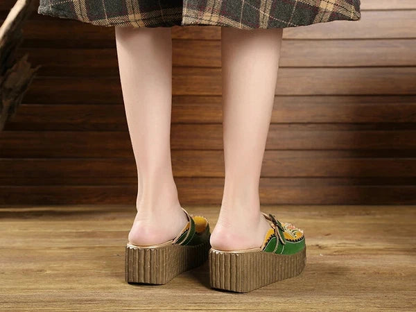 Wedge Slides Shoes Women Buckle Flower Cut Out Summer Leather Platform Slippers