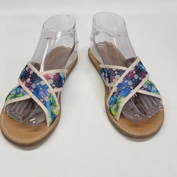 TOMS Viv white Lace Sandals Womens Size 6.5 slides fashion multicolor slip on