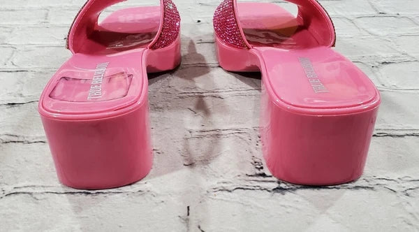 True Religion Bling Silver Pink Stoned Sandals Block Heels WOMENS SIZE 11