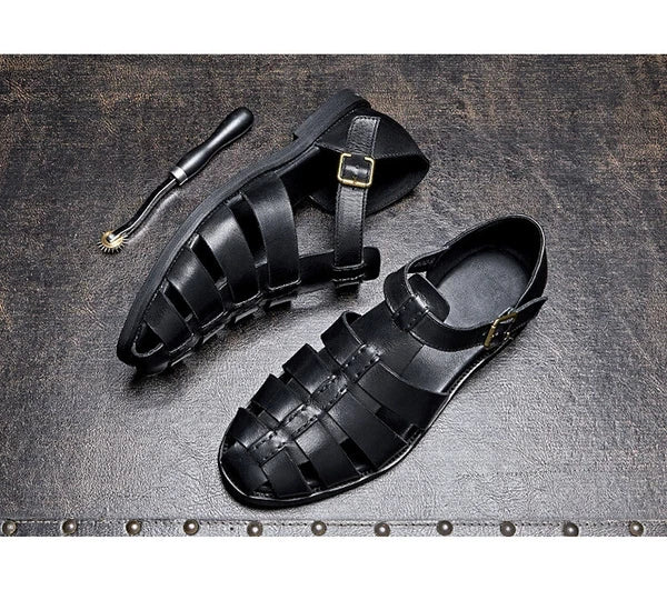 Roman Style Closed Toe Sandals Hollow Out Buckle Real Leather Men's Shoes Casual
