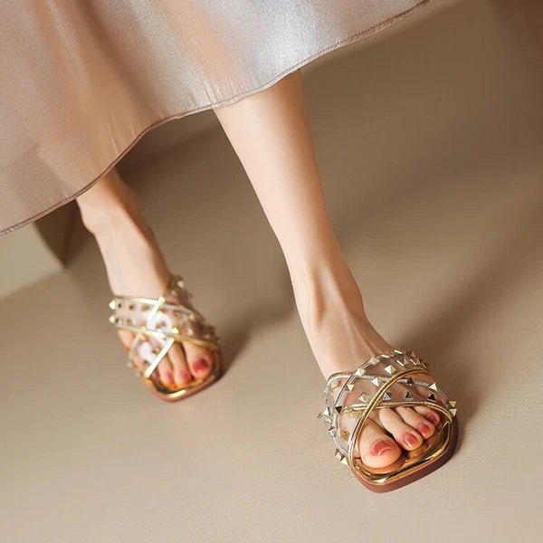 Womens Fashion Transparent Studs Crossover Beach Slipper Sandal Shoes Mules b95