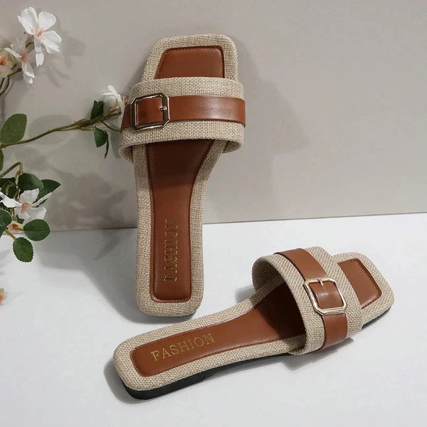 Women’s Summer Flat Sandals Square Toe Slip On Non-Slip Beach Slides Casual"