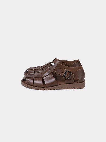 Retro Roman Style Closed Toe Sandals Buckle Real Leather Knit Mens Shoes Summer