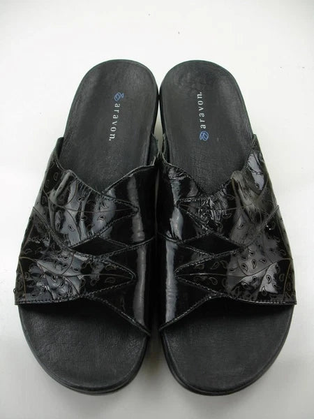 Women's 10 B M Aravon Petra Black Patent Leather Sandals Open Toe Slide Slip-On