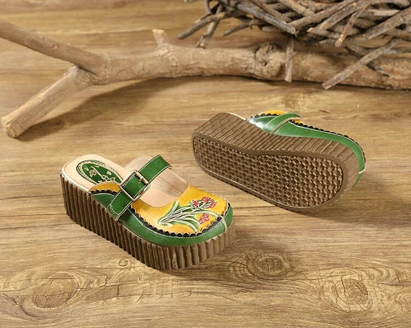 Wedge Slides Shoes Women Buckle Flower Cut Out Summer Leather Platform Slippers