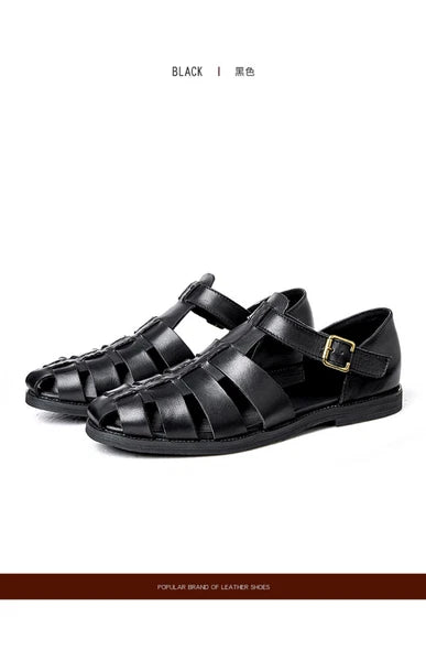 Roman Style Closed Toe Sandals Hollow Out Buckle Real Leather Men's Shoes Casual