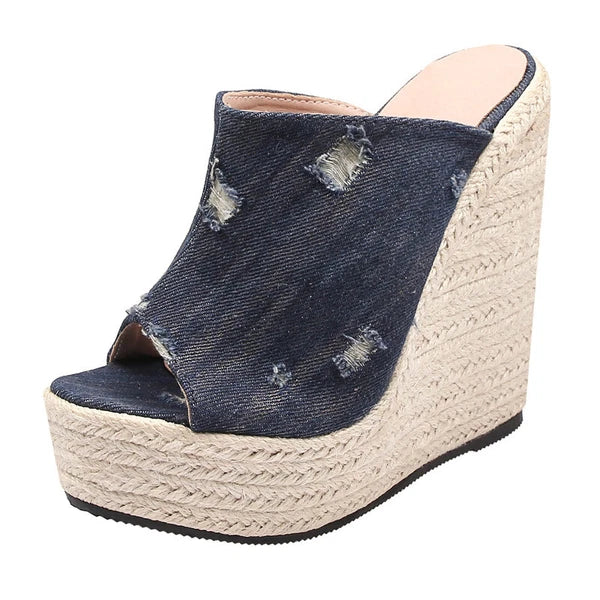 Women's Hemp Rope Weaving High Wedge Heel Slip On Slippers Denim Jeans Hole Mule