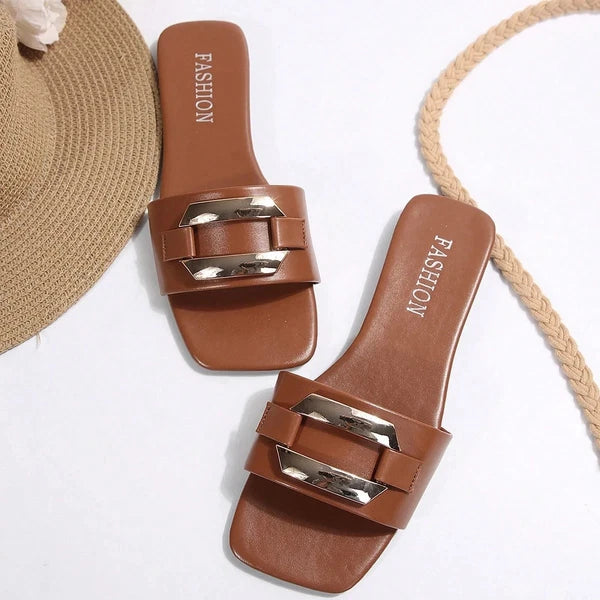 Women’s Summer Flat Sandals Square Toe Slip On Non-Slip Beach Slides Casual"